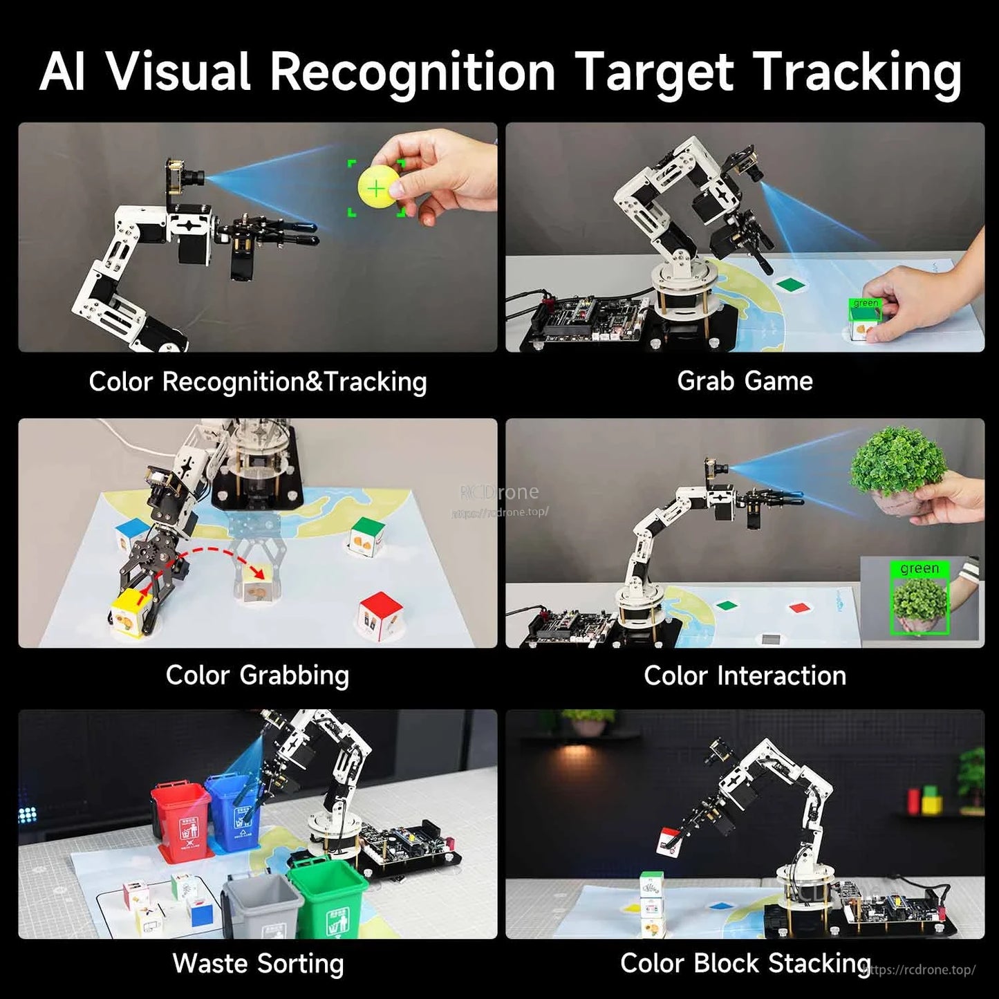 AI visual recognition target tracking demos: color tracking, grabbing game, waste sorting, block stacking