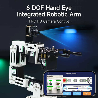6 DOF hand-eye integrated robotic arm with FPV HD camera control interface and live-view beam graphic
