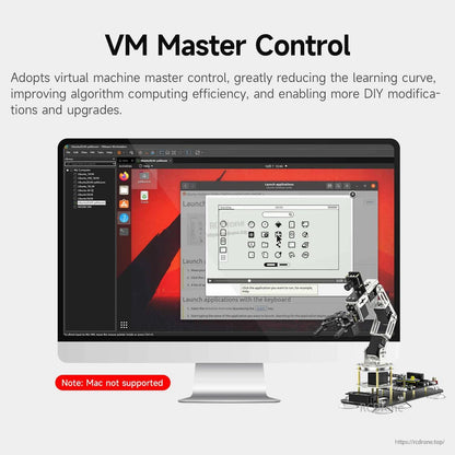 VM Master Control screen on desktop showing virtual machine interface; note indicates Mac not supported