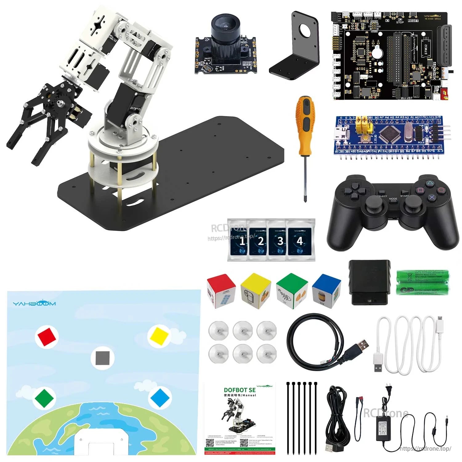 Kit contents layout with robotic arm, camera module, expansion board, STM32 board, screwdriver, gamepad, cables