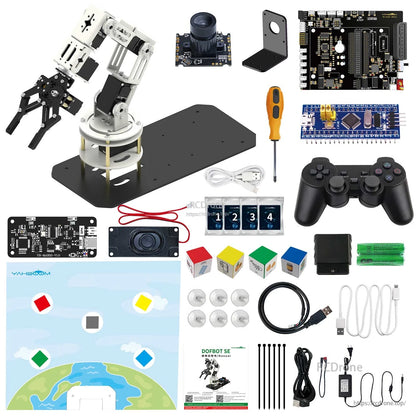 Full accessory bundle layout including arm, boards, camera, speaker/voice module, controller, blocks, cables, tools