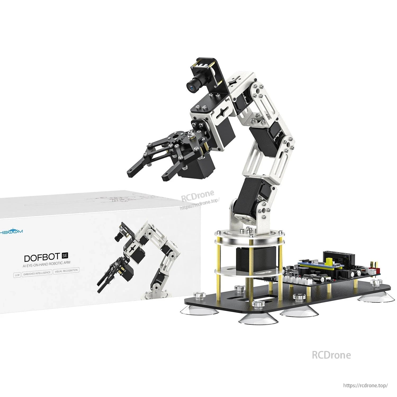 DOFBOT SE robotic arm kit shown beside product box packaging, angled view with suction-cup base