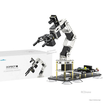 DOFBOT SE robotic arm kit shown beside product box packaging, angled view with suction-cup base