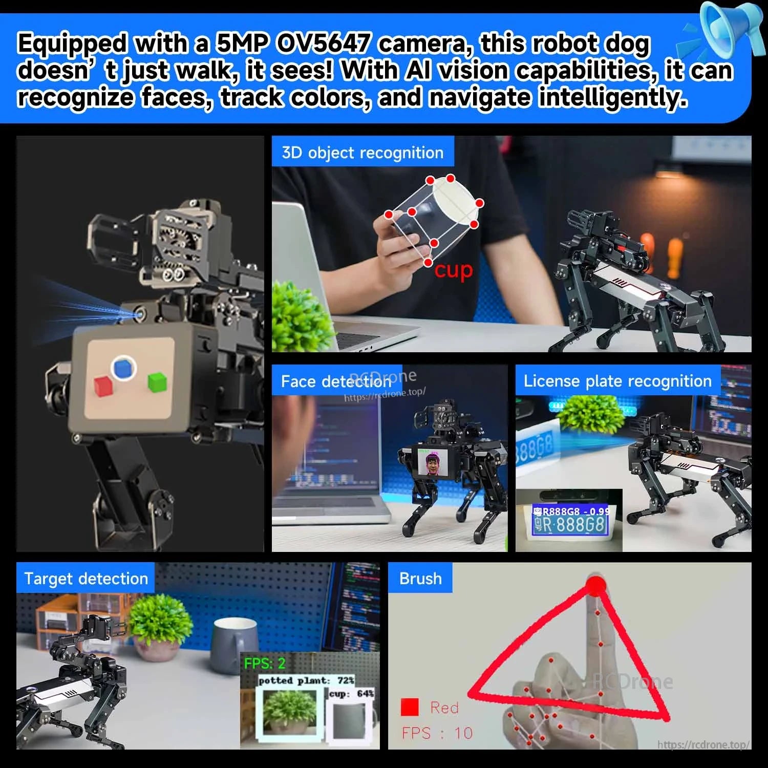 5MP OV5647 camera AI vision examples: object recognition, face detection, plate recognition, color tracking