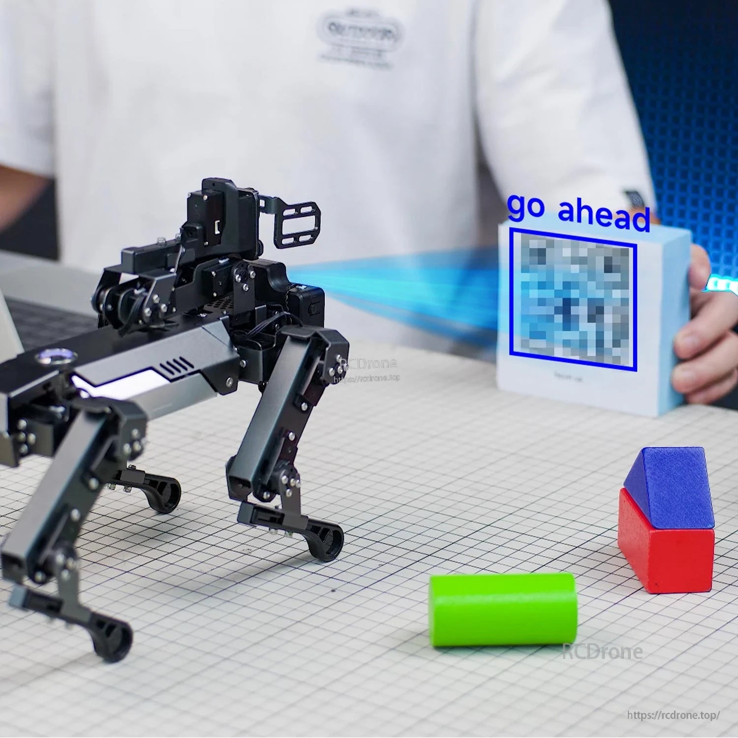 Robot dog recognizing a printed card on a grid mat, with blocks in front and user holding the card