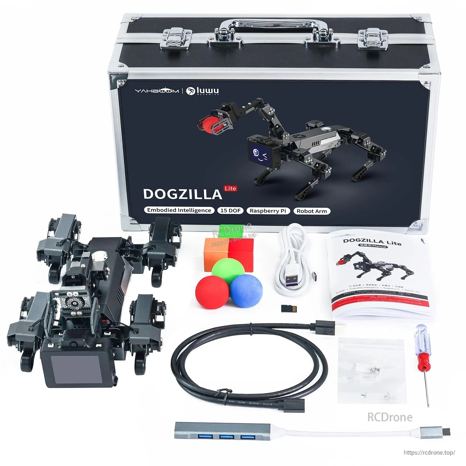 Yahboom DOGZILLA-Lite 15DOF Quadruped Robot kit contents with carrying case, cables, balls, and manual
