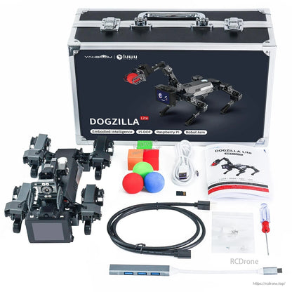 Yahboom DOGZILLA-Lite 15DOF Quadruped Robot kit contents with carrying case, cables, balls, and manual