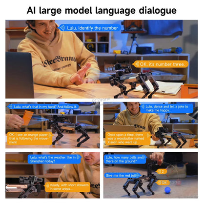AI large-language-model voice dialogue demo with the DOGZILLA-Lite robot dog responding to commands