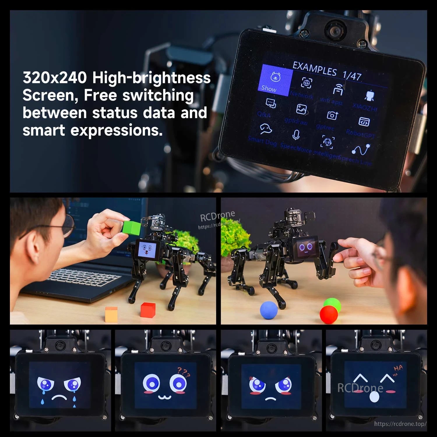 320x240 IPS screen close-up with status icons and expressive face animations on the robot dog
