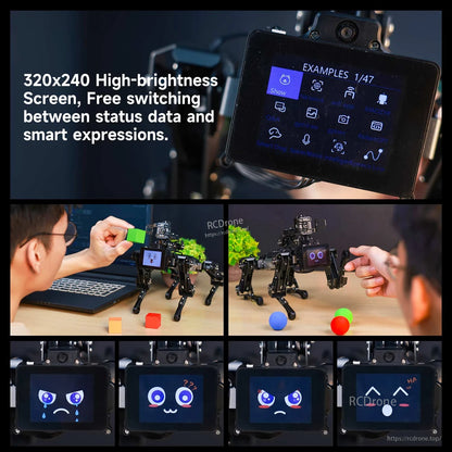 320x240 IPS screen close-up with status icons and expressive face animations on the robot dog
