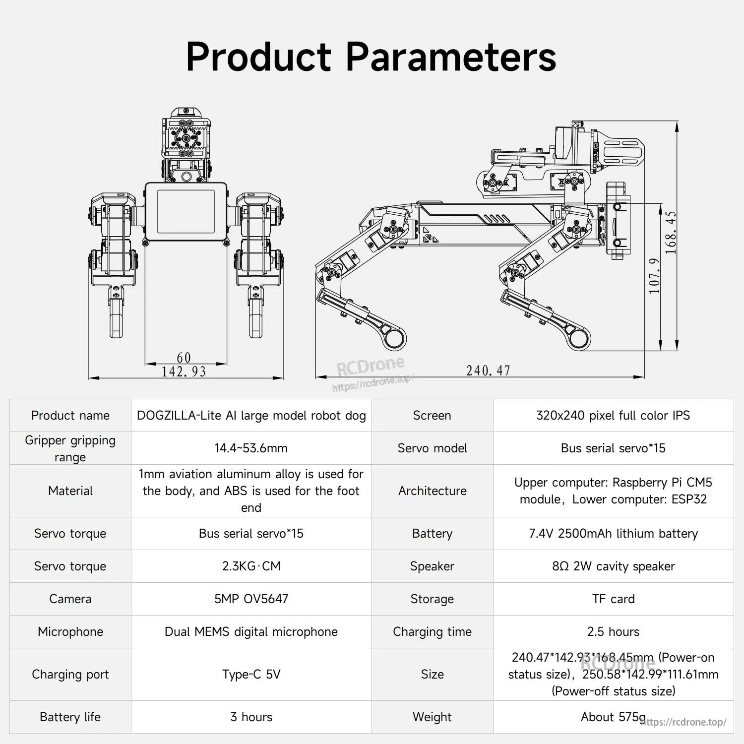 DOGZILLA-Lite product parameters diagram with dimensions and spec table for screen, servos, battery, camera