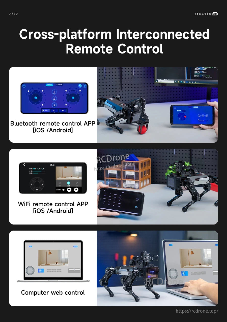DOGZILLA-Lite quadruped robot with app and web control options shown on Bluetooth, WiFi, and computer interfaces