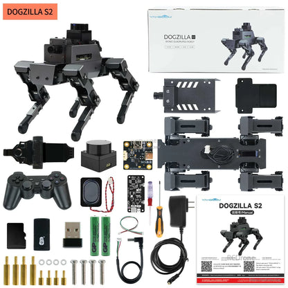 DOGZILLA S2 kit contents layout with robot dog, controller, electronics modules, hardware and manuals