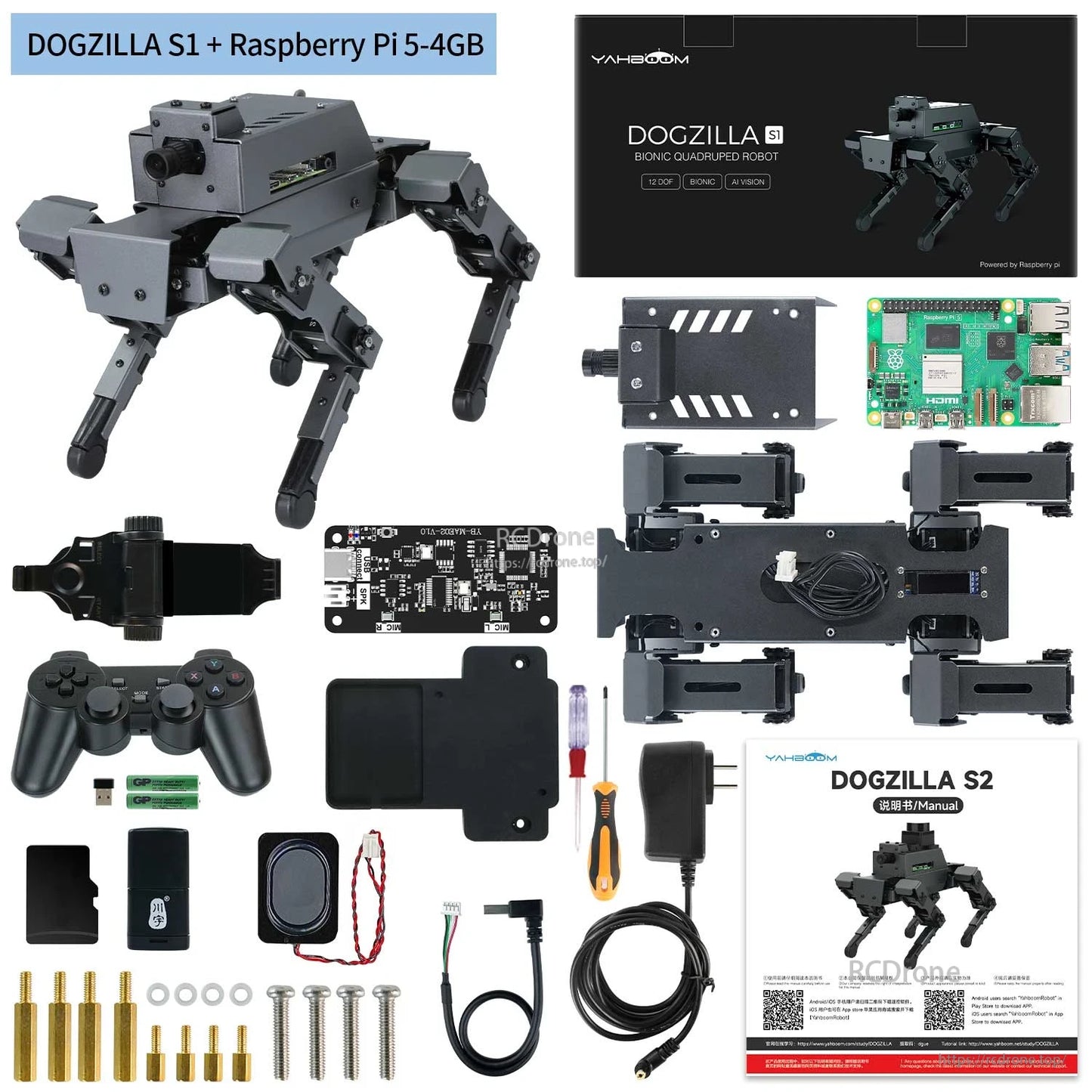 DOGZILLA S1 + Raspberry Pi 5 kit contents layout with robot, Pi board, cables, tools and manual