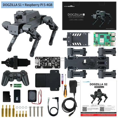 DOGZILLA S1 + Raspberry Pi 5 kit contents layout with robot, Pi board, cables, tools and manual
