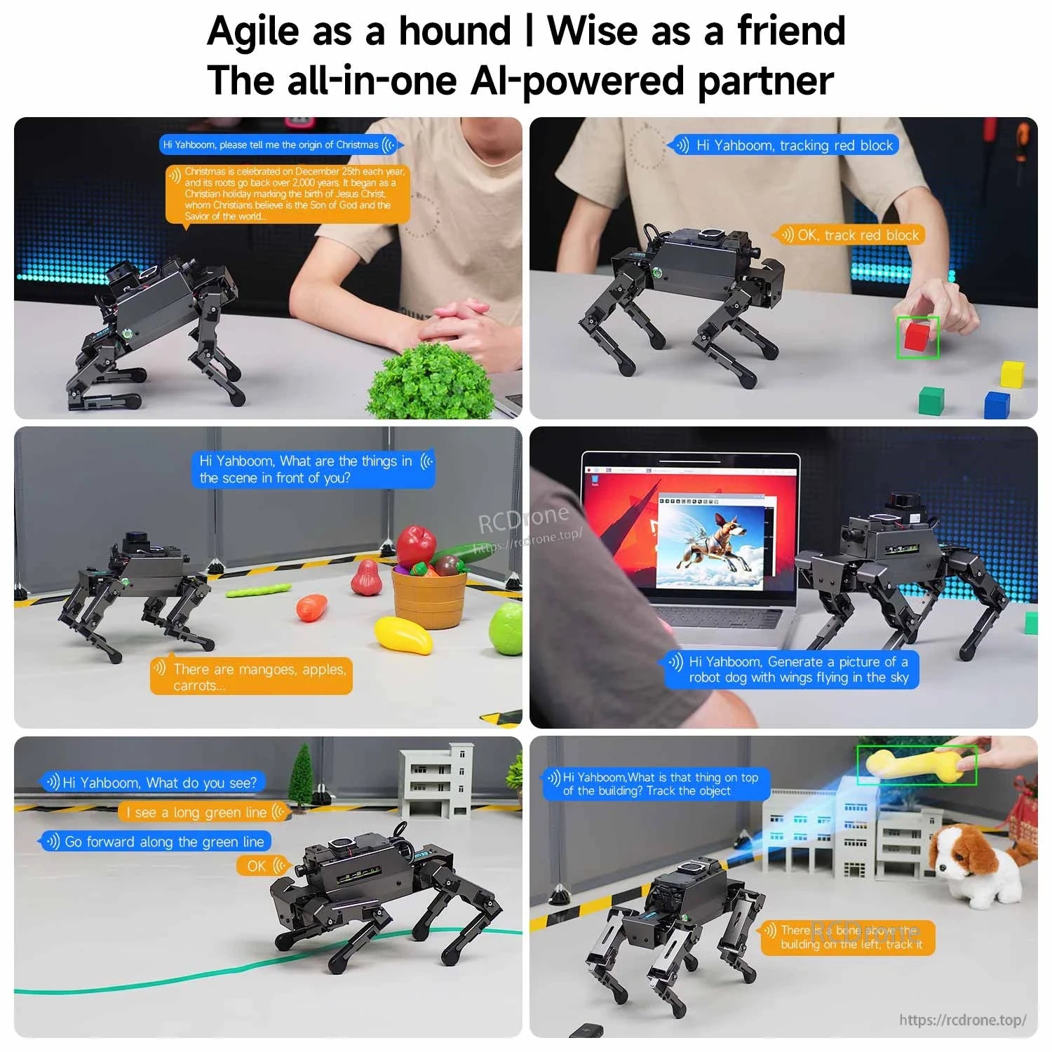 DOGZILLA robot dog use cases collage: voice chat, object tracking, scene Q&A and line following demos