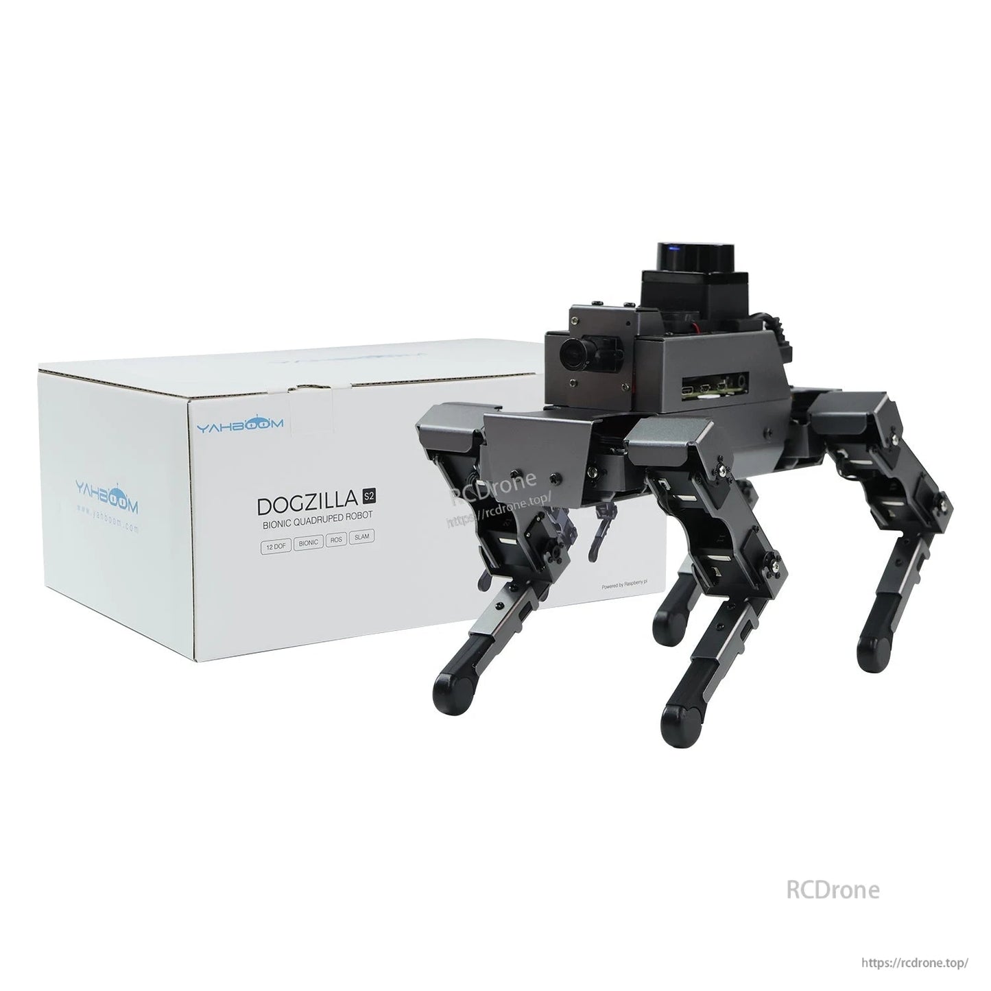 Yahboom DOGZILLA S1/S2 robot dog shown beside retail box packaging on white background