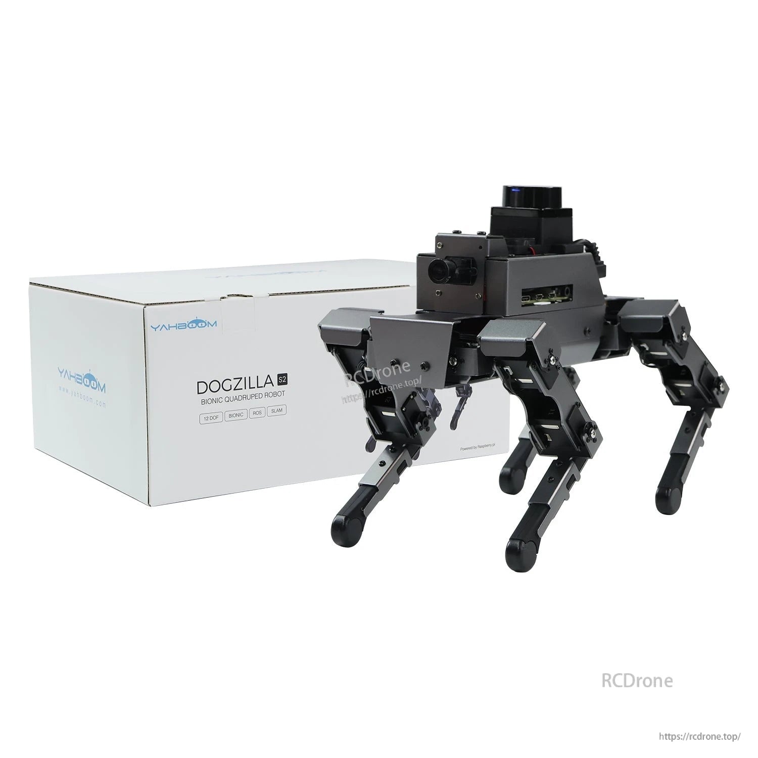 Yahboom DOGZILLA S1/S2 robot dog shown beside retail box packaging on white background
