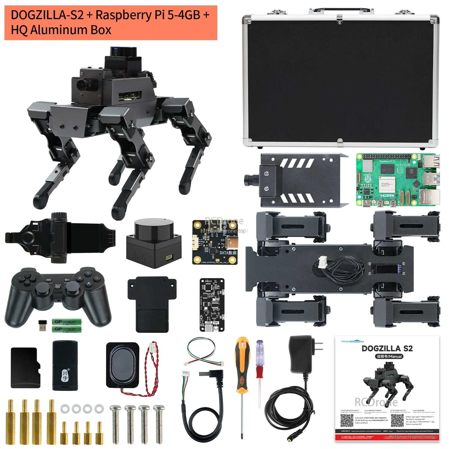 DOGZILLA S2 kit with Raspberry Pi 5 and aluminum case, full parts list layout and accessories