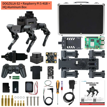 DOGZILLA S2 kit with Raspberry Pi 5 and aluminum case, full parts list layout and accessories