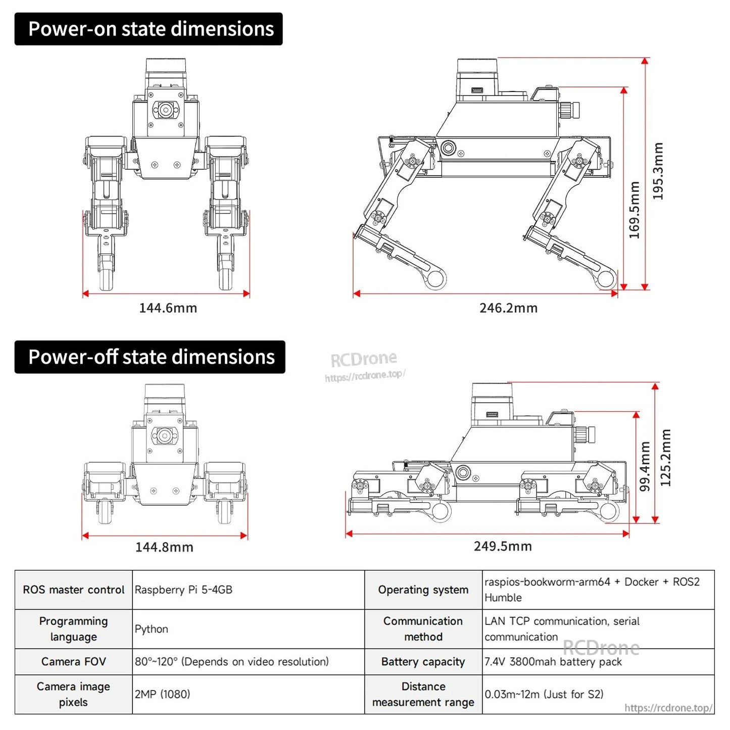 DOGZILLA robot dog size diagram showing power-on and power-off dimensions with measurement arrows