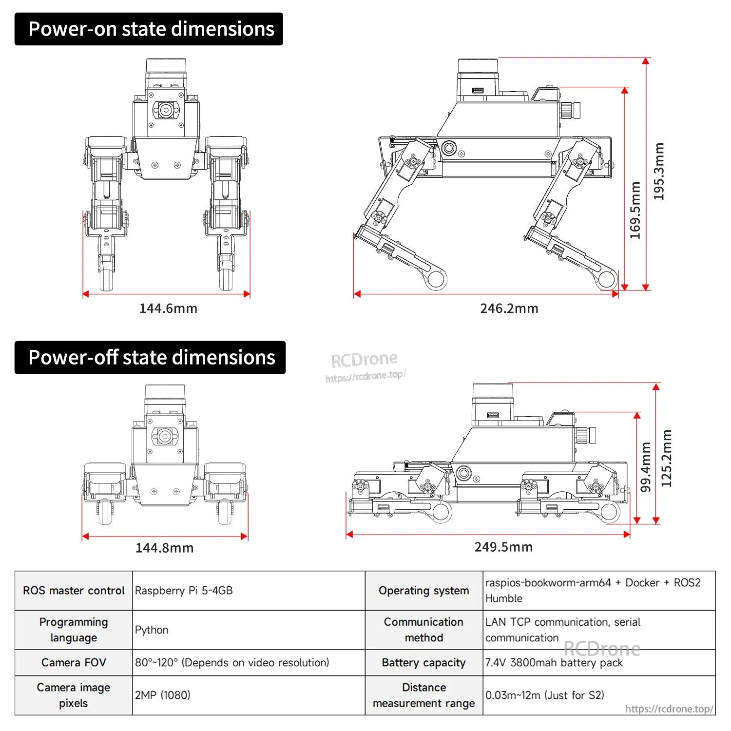 DOGZILLA robot dog size diagram showing power-on and power-off dimensions with measurement arrows
