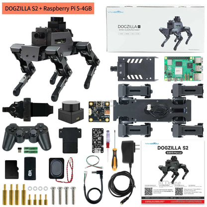 DOGZILLA S2 + Raspberry Pi 5 kit contents layout with robot, control pad, cables, tools and manuals