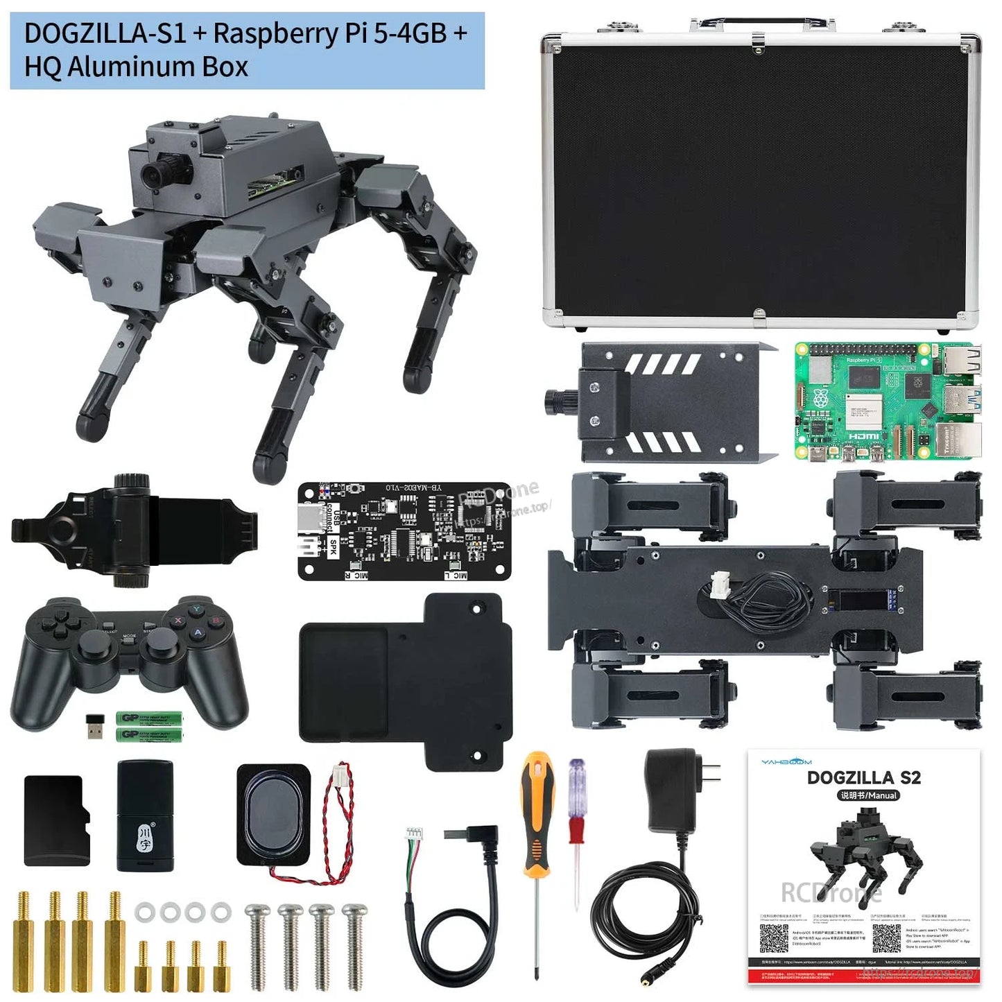 Yahboom DOGZILLA S1 kit with Raspberry Pi 5 and aluminum case, parts layout and accessories