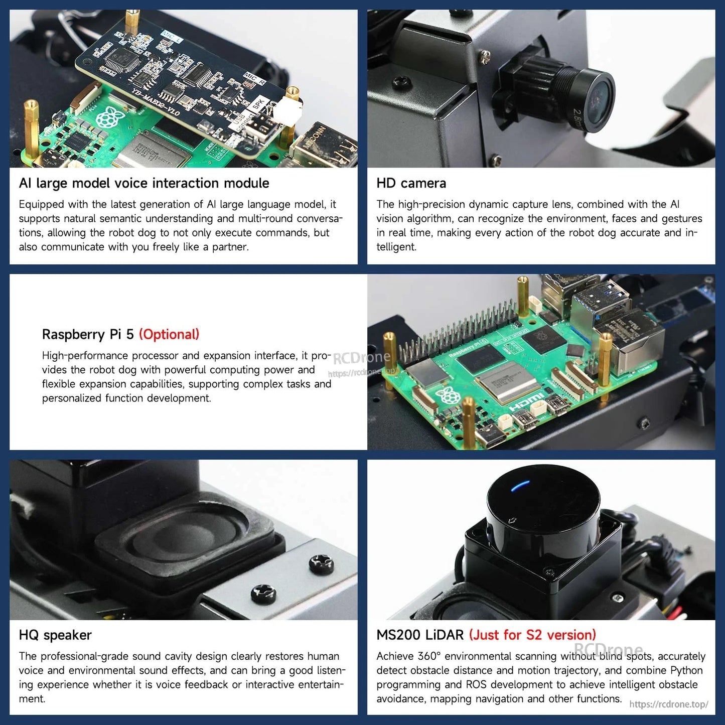Close-ups of DOGZILLA modules: AI board, HD camera, Raspberry Pi 5 option, speaker and MS200 lidar
