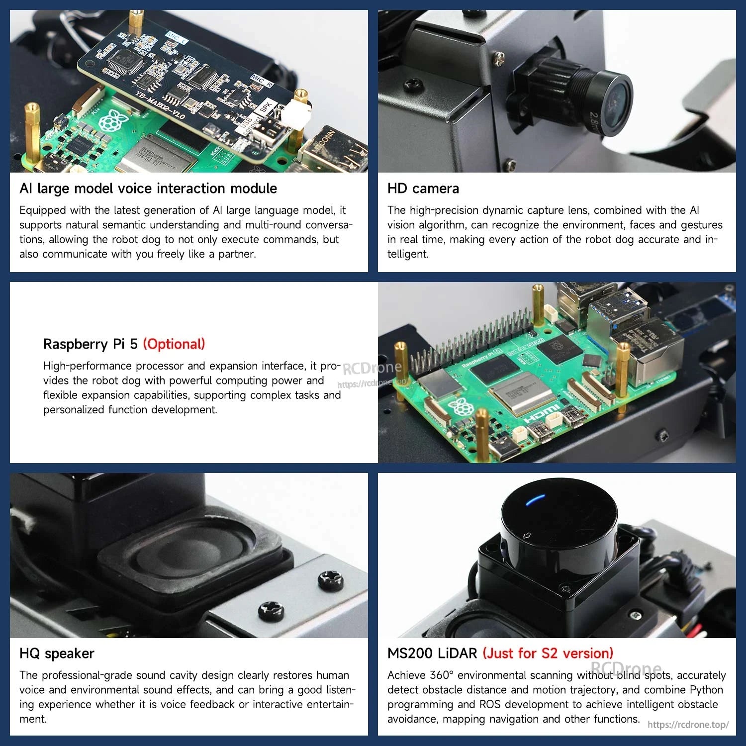 Close-ups of DOGZILLA modules: AI board, HD camera, Raspberry Pi 5 option, speaker and MS200 lidar