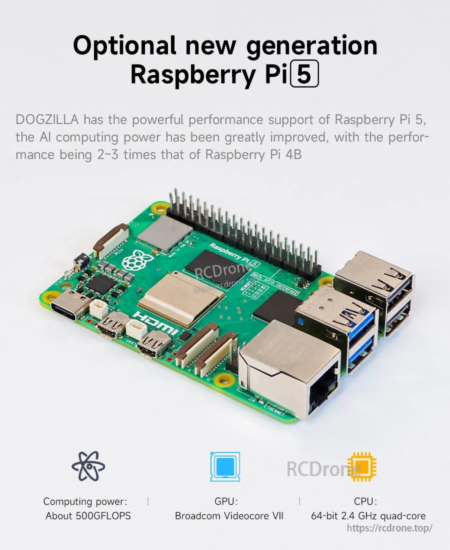 Optional Raspberry Pi 5 board graphic for DOGZILLA, highlighting upgraded computing performance for AI projects