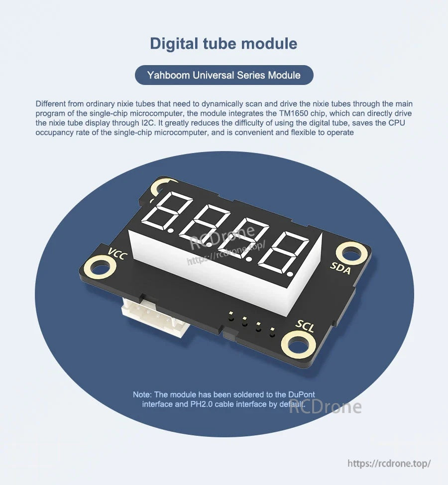Yahboom YB-MVL03 TM1650 I2C 0.36in 4-digit digital tube module overview with VCC/GND/SDA/SCL pads
