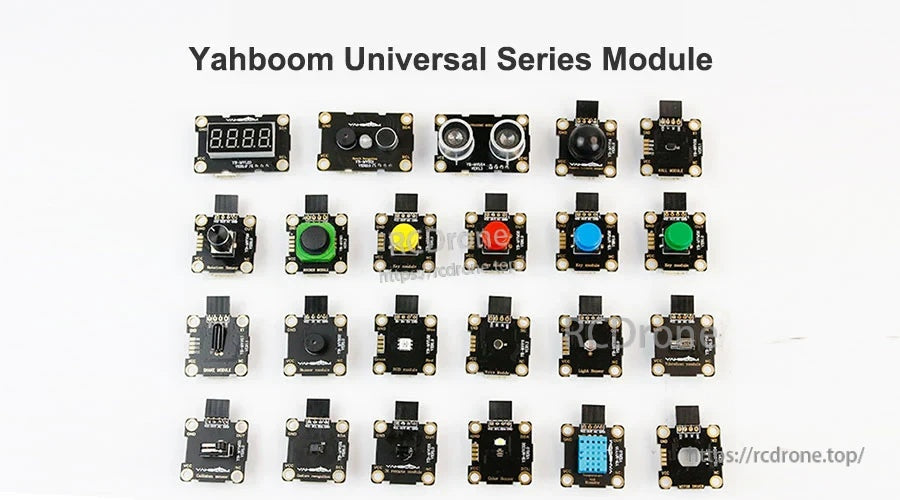 Yahboom Universal Series Module lineup image showing multiple small sensor and input boards including the digital tube