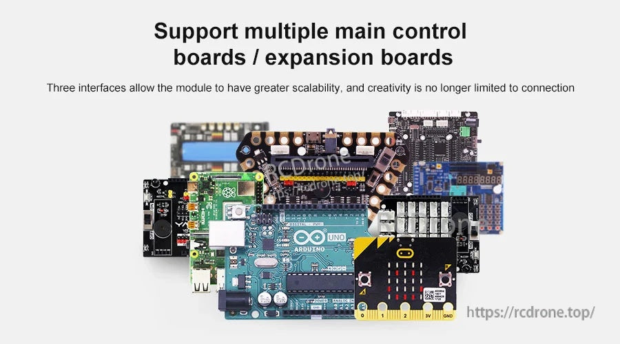 Collage of compatible controller boards including Arduino, Raspberry Pi, and micro:bit alongside the digital tube module