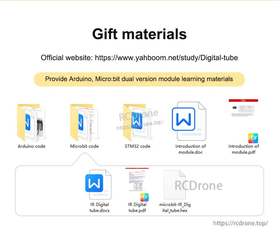 Learning materials and code resources list for Arduino, micro:bit, and STM32 plus module documentation files