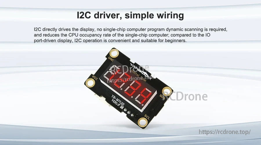 Red LED 4-digit display lit up on the TM1650 I2C module, emphasizing simple wiring without dynamic scanning