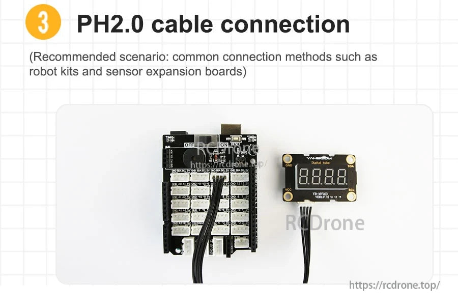 PH2.0 cable connection example from an expansion board to the digital tube module for a tidy, keyed plug-in setup