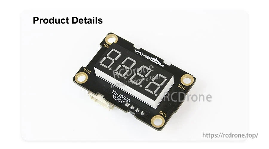 Product detail angle showing the 0.36-inch 4-digit tube, mounting holes, and YB-MVL03 VER1.0 board marking