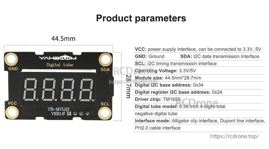 Product parameters graphic listing 44.5 mm by 28.7 mm size, I2C address, and 3.3V/5V operating voltage