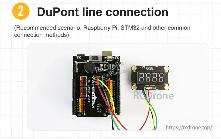 DuPont jumper wiring example connecting the 4-digit display module to a controller board using SDA/SCL I2C pins
