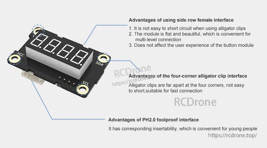 Angle view highlighting three connection options: side-row DuPont header, PH2.0 socket, and corner alligator-clip pads