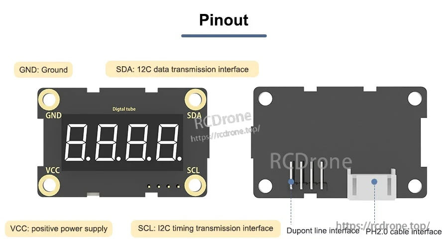 Pinout graphic for the module showing GND, VCC, SDA, SCL plus DuPont header and PH2.0 connector positions