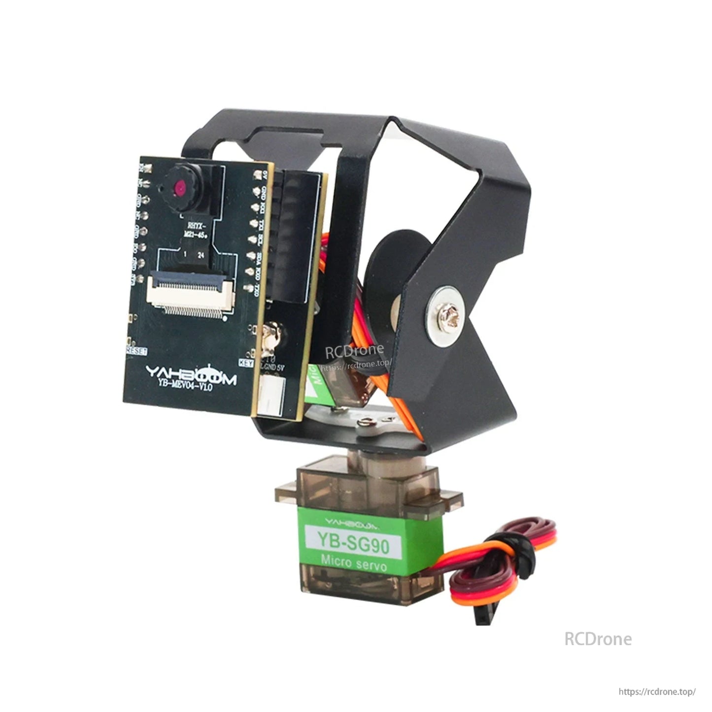 Assembled 2-DOF PTZ pan-tilt mount with camera module installed on micro servo