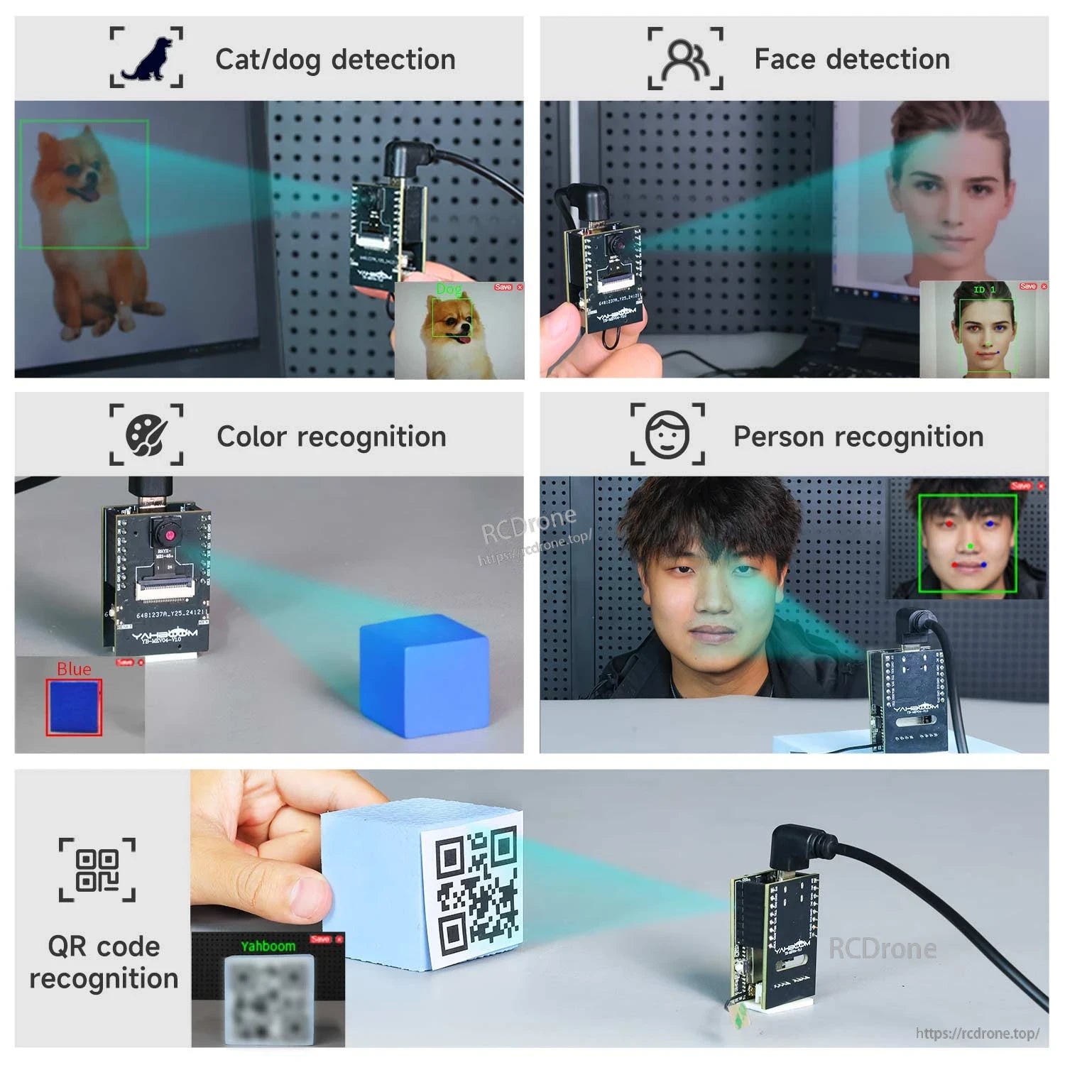 AI vision examples: cat/dog, face, person, color and QR code recognition using the camera module