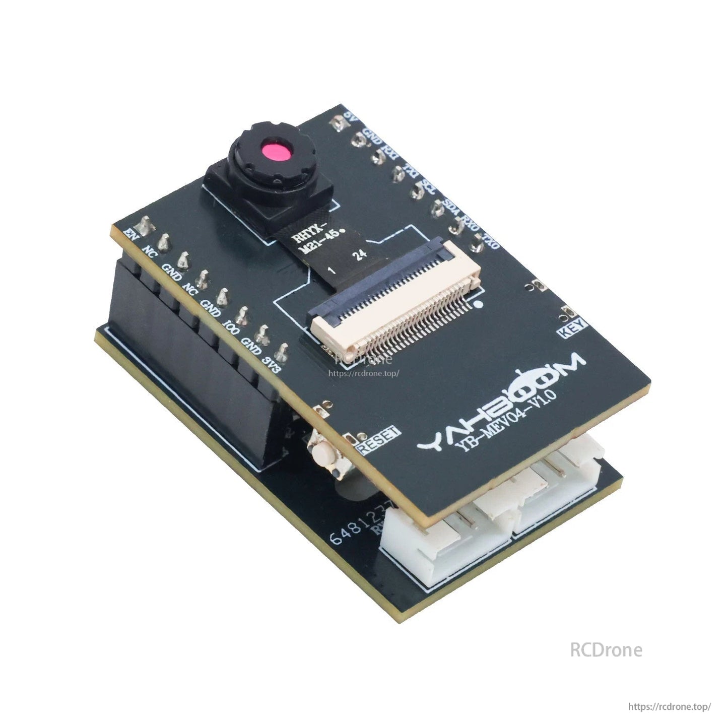 Angled view of camera module stacked on communication board, showing side headers and connectors