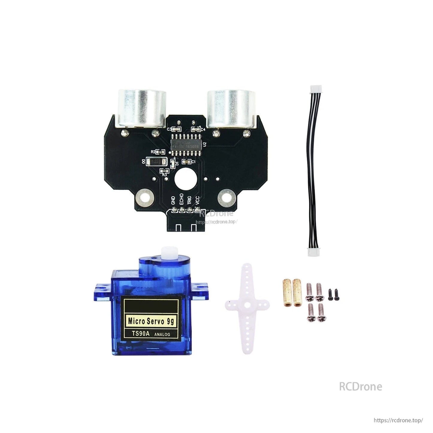 Kit contents: ultrasonic sensor module, micro servo, servo horn, screws, standoffs, and cables