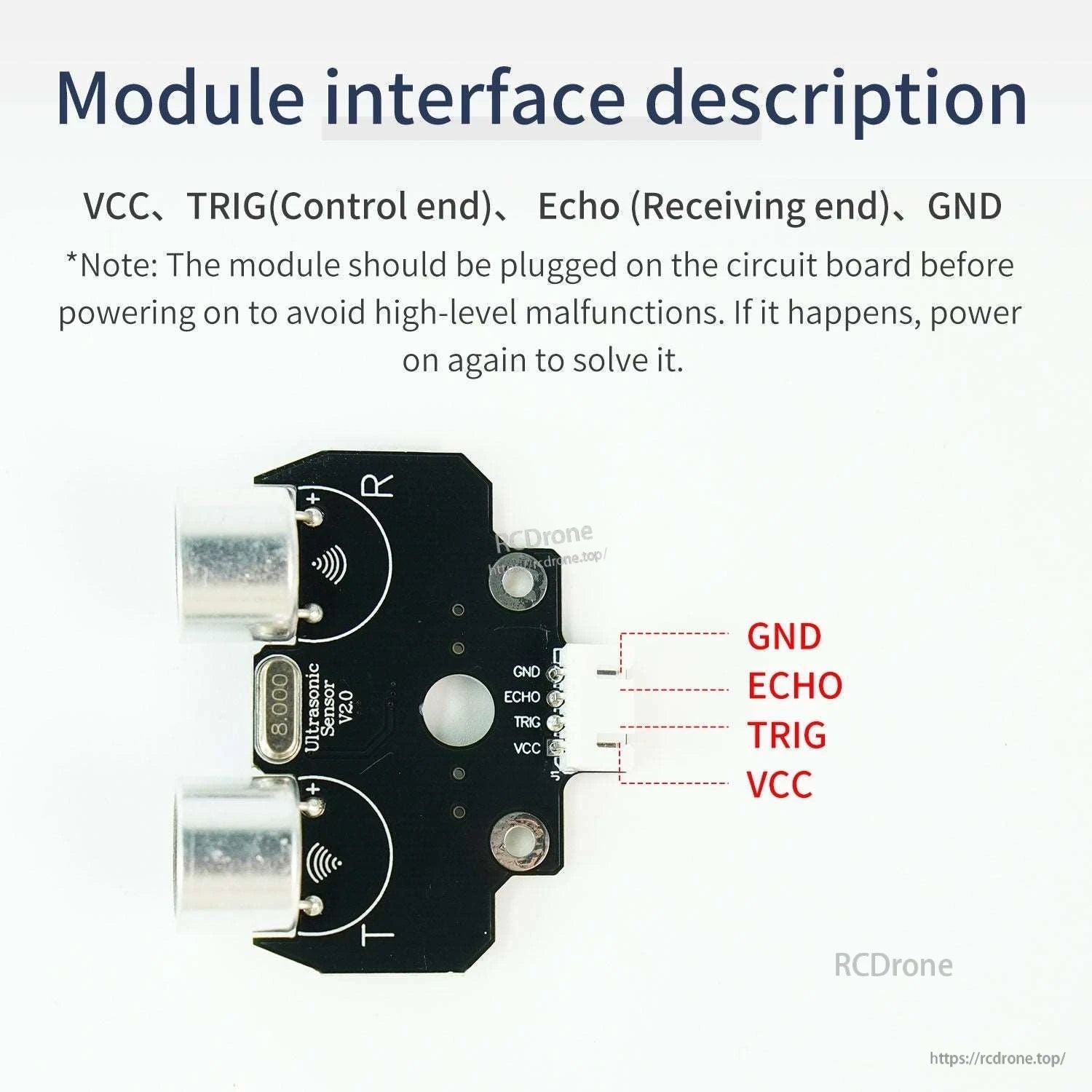 Module interface diagram showing 4-pin header wiring: GND, ECHO, TRIG, VCC