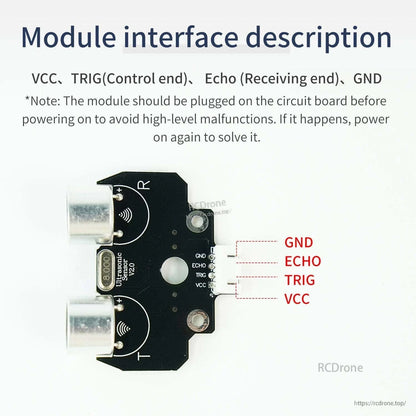 Module interface diagram showing 4-pin header wiring: GND, ECHO, TRIG, VCC