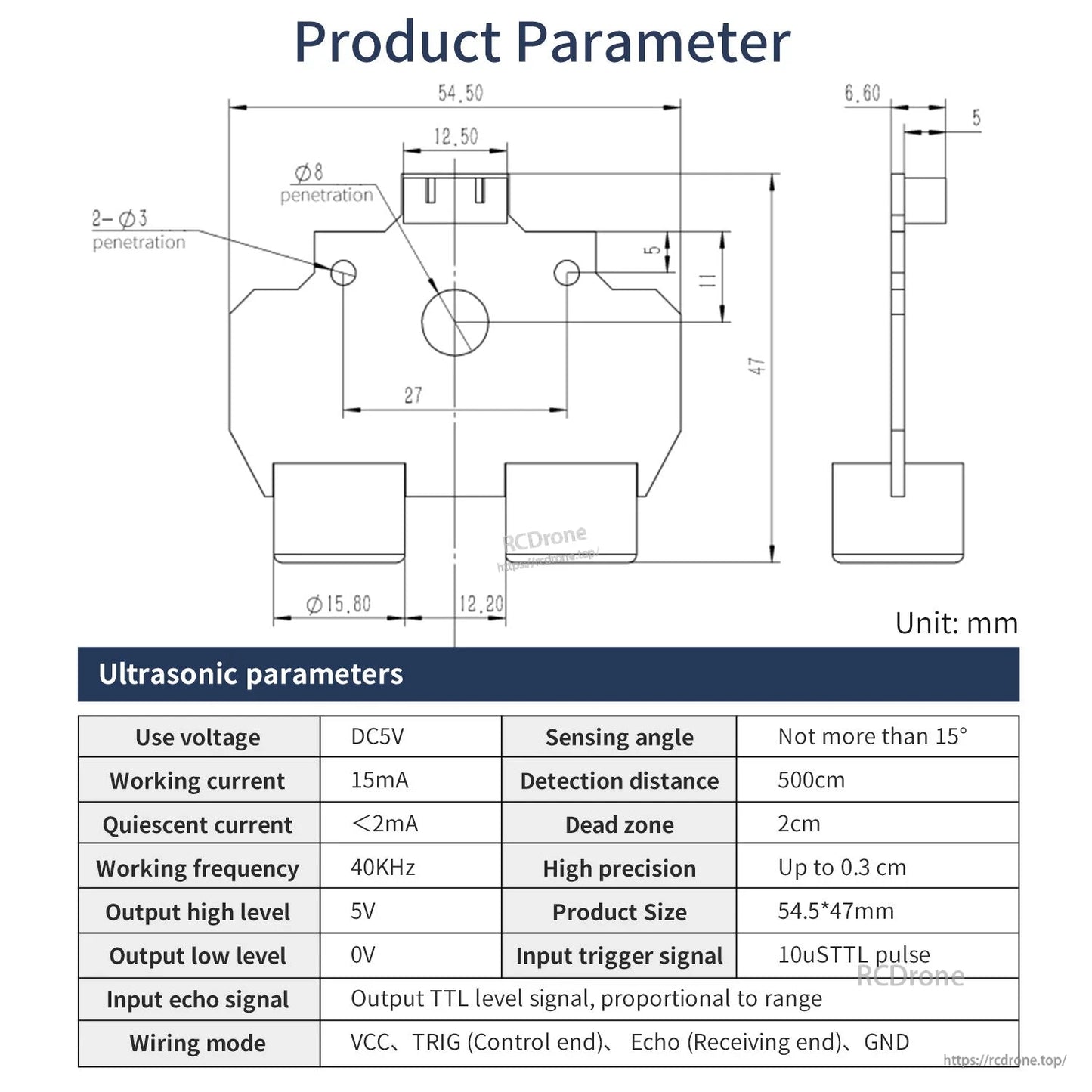 Product parameter diagram with dimensions in mm and ultrasonic specs table (DC 5V, 40kHz)