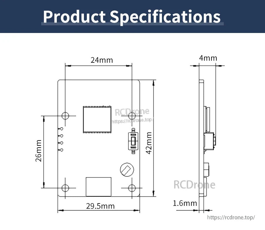 Yahboom ATGM336H-5N GPS module dimension diagram showing 29.5 mm width, 42 mm height, and 4 mm thickness